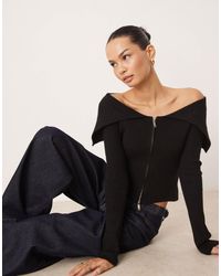 Gina Tricot - Rib Knitted Zip Front Cardigan With Off Shoulder Collar - Lyst
