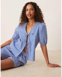 Vila - Poplin Top Met Korte Mouwen, Gestrikte Voorkant En Gingham Ruiten - Lyst