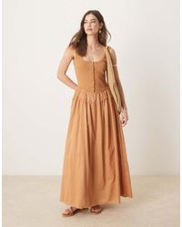 ASOS - Maxi Jurk Met Lage Ronde Hals, Knopen, Geribbeld Lijfje En Poplin Rok - Lyst