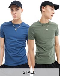 ASOS - Confezione da 2 t-shirt attillate verde scuro e blu - Lyst