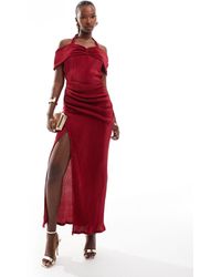 ASOS - Plisse Bardot Midi Dress With Halter Strap Detail - Lyst