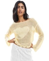 Miss Selfridge - Pull en maille crochetée avec détail cœur et liens noués au dos - jaune beurre - Lyst