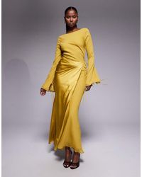 ASOS - Chiffon Long Sleeved Slash Neck Maxi Dress With Satin Wrap Skirt - Lyst