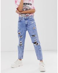 Bershka Super Ripped Mom Jeans - Blue