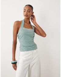 ASOS - Gerimpelde Haltertop Van Mesh Met Print En Kanten Detail - Lyst