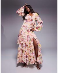 ASOS - – maxikleid aus organza und chiffon mit vintage-blumenmuster und asymmetrischer verzierung - Lyst
