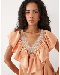 ASOS - V Neck Satin Ruffle Mini Dress With Lace Trim - Lyst