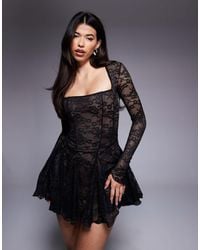 Murci - Square Neck Long Sleeve Gathered Ruffle Hem Lace Mini Dress - Lyst