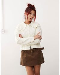 Monki - Knitted Pattern Cardigan With Collar And Puff Sleeves - Lyst