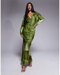 ASOS - Robe mi-longue à manches chauve-souris et liens sur le devant avec imprimé feuilles abstrait - Lyst