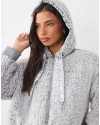 DKNY - Sherpa Long Sleeve Hooded Zip Robe - Lyst