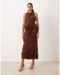 ASOS - High Neck Raw Edge Ruffle Maxi Dress With Lace Inserts - Lyst