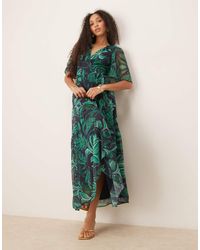 Hope & Ivy - Vestito Lungo A Portafoglio Color Turchese Con Maniche Con Volant E Stampa Di Palme - Lyst