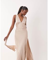 TFNC London Bridesmaid Satin Halterneck Fishtail Maxi Dress in Brown | Lyst