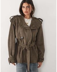 Missy Empire - Faux Suede Funnel Neck Tie Waist Trench Jacket - Lyst