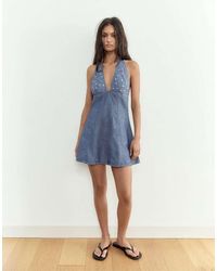 Pull&Bear - Korte Denim Jurk Met Studs - Lyst