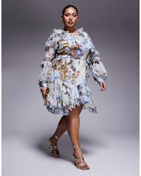 ASOS - Curve Organza And Chiffon Printed Asymmetrical Mini Dress With Embellishment - Lyst