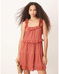 ASOS - Vestido Corto Color Óxido Escalonado Con Vuelo, Volantes E Inserto De Encaje De -Sin Color - Lyst