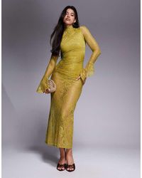 ASOS - High Neck Lace Midi Dress With Asymmetric Fluted Sleeve Cuffs - Lyst