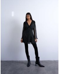 TOPSHOP - Robe rétro courte à pois avec manches longues et bords en dentelle - et blanc - Lyst