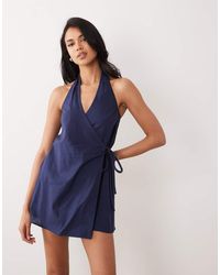 ASOS - Cotton Linen Halter Neck Wrap Mini Sundress - Lyst