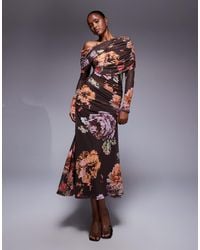 ASOS - Printed Mesh Long Sleeve Slouchy Bardot Maxi Dress - Lyst