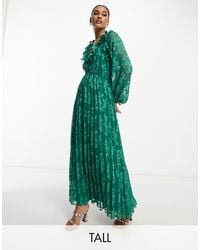 ASOS - Asos Design Tall Floral Jacquard Burnout Pleated Midi Dress With Ruffle Neck And Open Back - Lyst