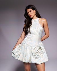 ASOS - Jacquard Mini Dress With Bubble Hem With Tie Neck - Lyst