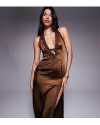 The Frolic - Exclusive Satin Lace Trim Plunge Tie Detail Maxi Dress - Lyst