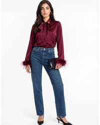 Lovedrobe - Pussybow Collar Feather Cuffs Button Up Satin Blouse - Lyst