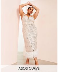 ASOS - Curve V Neck Square Grid Embellished Midi Dress With Faux Feather Trim - Lyst