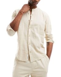 Pull&Bear - Camicia a maniche lunghe effetto lino color sabbia con scollo serafino - Lyst