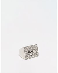 Reclaimed (vintage) – unisex-ring mit funkelnden steinen und tattoo-motiv - Weiß