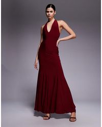 Fashionkilla - Exclusive Double Sculpted Slinky Plunge Halterneck Godet Hem Maxi Dress - Lyst