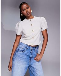 ASOS - Top Strutturato Color Pietra A Coste Con Maniche A Sbuffo E Bottoni - Lyst