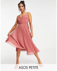 ASOS Asos Design Petite Button Front Pleated Cami Midi Dress With Drawstring Waist - Pink