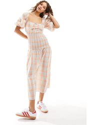 Glamorous - Scoop Neck Shirred Waist Puff Sleeve Midi Dress - Lyst