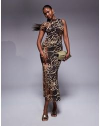 ASOS - Mesh Midi Dress With Wrap Neckline And Asymmetric Sleeve - Lyst