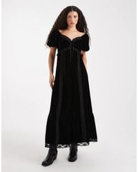 Miss Selfridge - Velvet And Lace Puff Sleeve Maxi Dress - Lyst