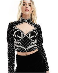 ASOS - Premium Embellished Velvet And Pearl Cut Out Detail Top - Lyst