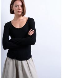 TOPSHOP - Premium Rib Long Sleeve Wide Scoop Neck Top - Lyst