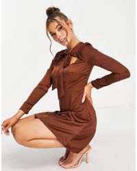 Lola May Cut Out Tie Neck Satin Mini Dress - Brown