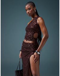 ASOS - Top Monospalla Color Cioccolato Con Cut-Out Arricciato E Paillettes - Lyst