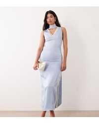 Kaiia - Exclusive Satin Contrast Lace Trim Scarf Detail V-Neck Thigh Split Maxi Dress - Lyst