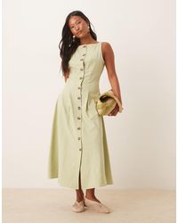 ASOS - Asos Design Petite Slash Neck Button Down Waistcoat Midi Dress Sage - Lyst