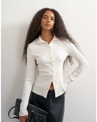 TOPSHOP - High Neck Button Down Long Sleeve Rib Top - Lyst