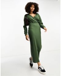 ASOS - Wrap Front Midi Supersoft Rib Dress With Long Sleeve - Lyst