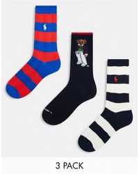 Polo Ralph Lauren - Confezione da 3 paia di calzini a righe rosse, e crema e con orsetto - Lyst
