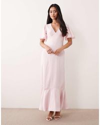 LACE & BEADS - Satin Jacquard V Neck Ruffle Hem Maxi Dress - Lyst