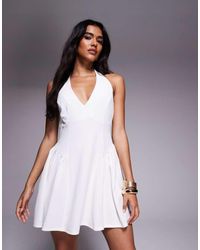 ASOS - Vestito Corto Color Avorio Allacciato Al Collo Con Corsetto E Gonna Godet - Lyst